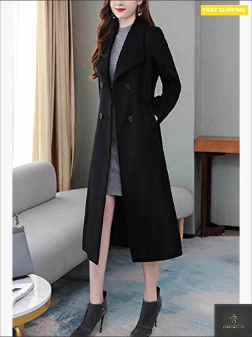Wool Blend Pea Coat Shawl Collar Double Breasted Maxi Trench Overcoat - Picture 2 of 5